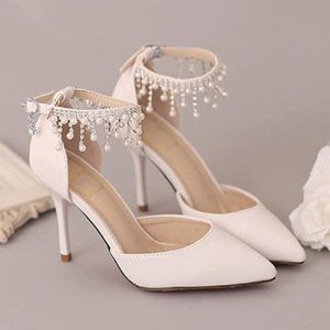 White Ankle Strap Pump with Pearl Details